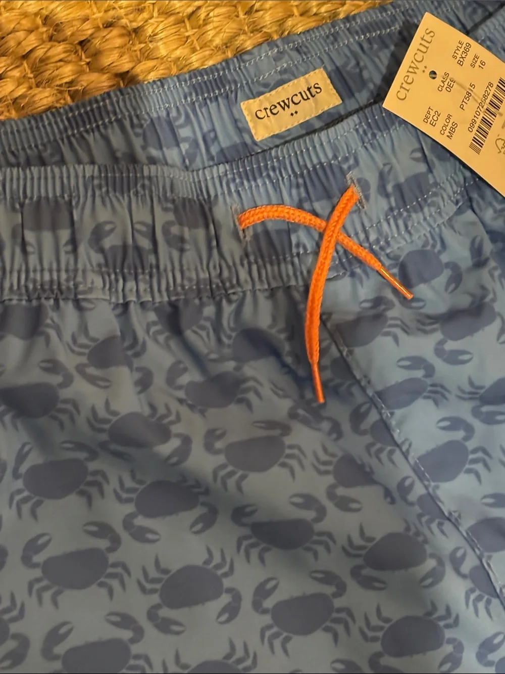 JCrew Blue Crab-Print Swim Trunks with Orange Drawcord